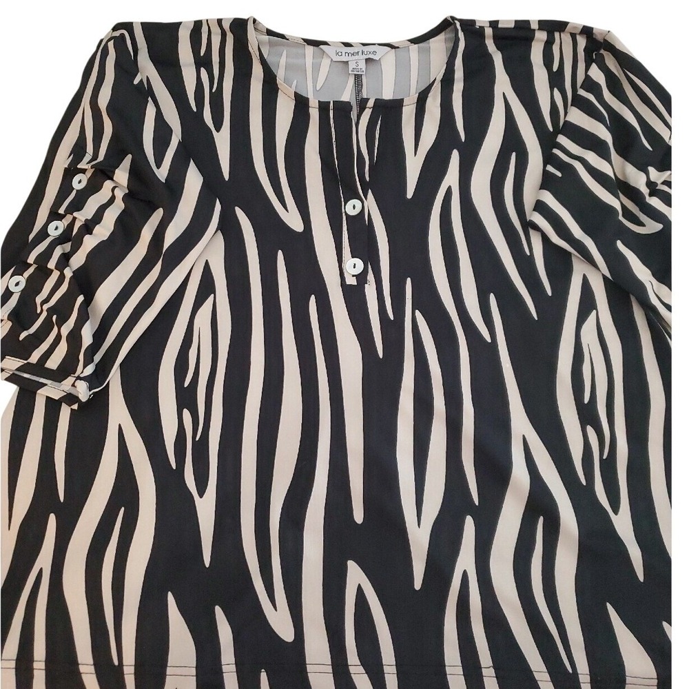 La Mer Luxe Tunic Shirt Womens Small Half Sleeve Ruched Flowy Artsy Black Beige‎